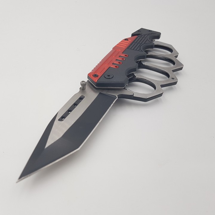Pumnal tip box, rozeta autoaparare, cutit briceag, 23 cm,  rosu si negru