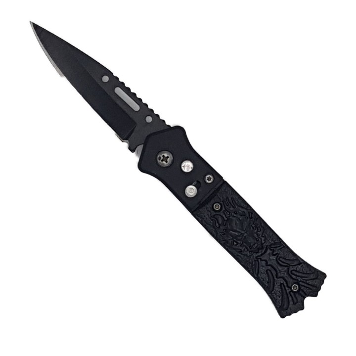 Cutit deschidere a lamei pe buton, lama otel, negru, cap in flacari, 16 cm