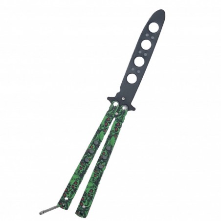 Cutit fluture Butterfly, Balisong  21.50cm, cap de mort verde M2, fara tais, de antrenament