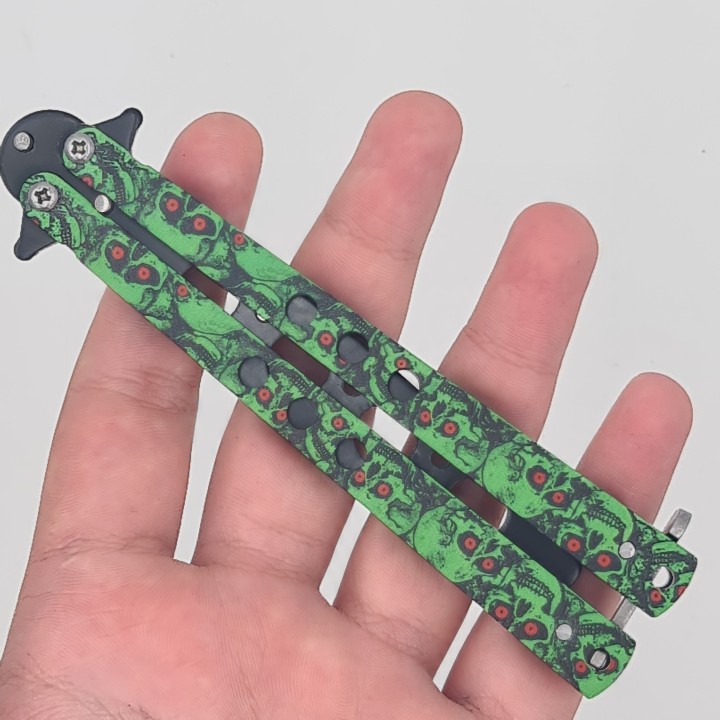 Cutit fluture Butterfly, Balisong  21.50cm, cap de mort verde M2, fara tais, de antrenament