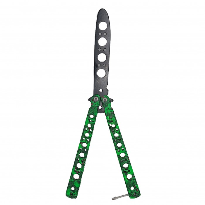 Cutit fluture Butterfly, Balisong  22 cm, cranii m2, verde, fara tais, de antrenament, model cercuri