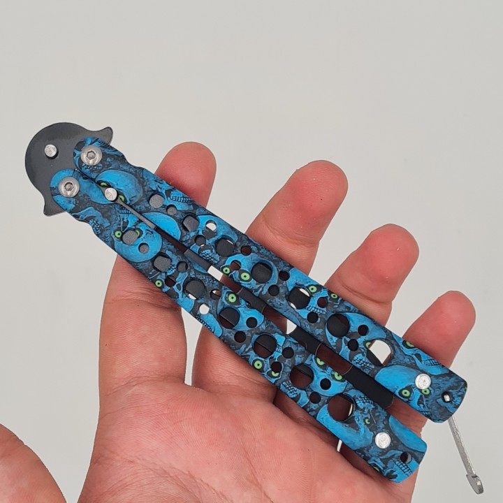 Cutit fluture Butterfly, Balisong  22 cm, cranii m2, albastru, fara tais, de antrenament, model cercuri