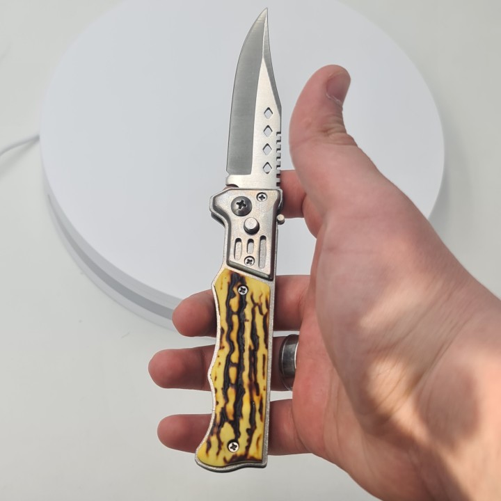 Briceag model romburi, deschidere automata pe buton, imitatie os, 20 x 4 cm