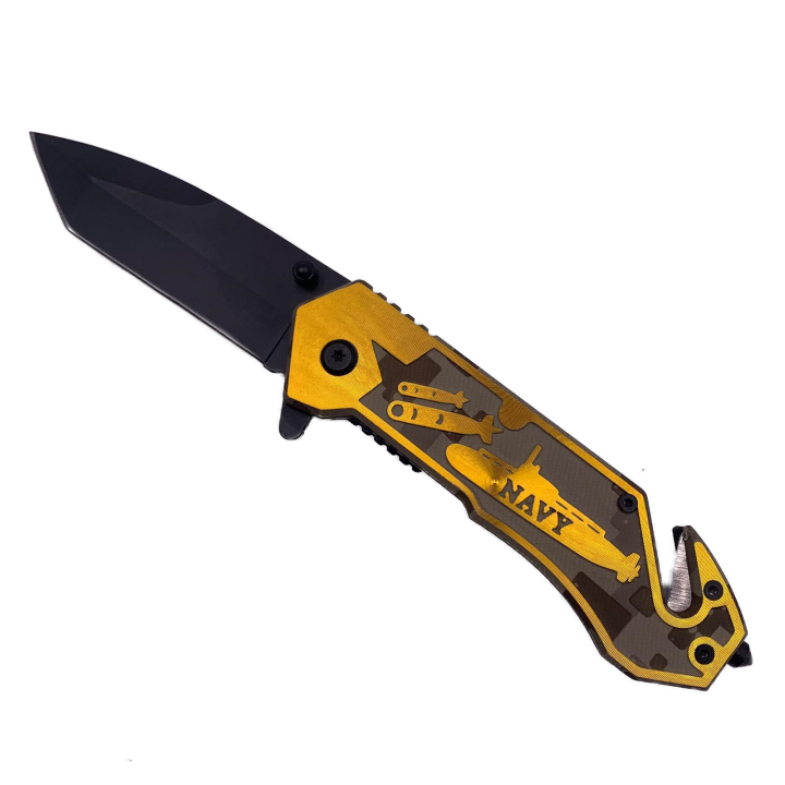 Briceag manual, Model Navy, Auriu, Sistem Prindere la curea, Taiere Centura si spargator geamuri, Otel, 20 cm