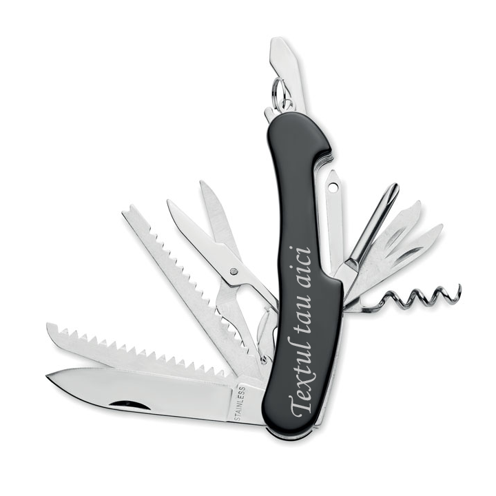 Briceag Multifunctional Negru Personalizat cu Textul Tau,11 Functii, Otel Inoxidabil, 10.5X2X1 cm