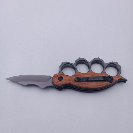 Cutit Pumnal cu Deschidere pe Buton, Prindere Curea, Lama Curbata, Maner Lemn, Otel, 21 cm