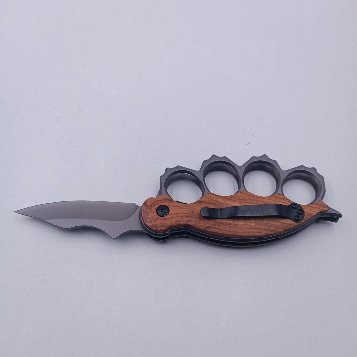 Cutit Pumnal cu Deschidere pe Buton, Prindere Curea, Lama Curbata, Maner Lemn, Otel, 21 cm
