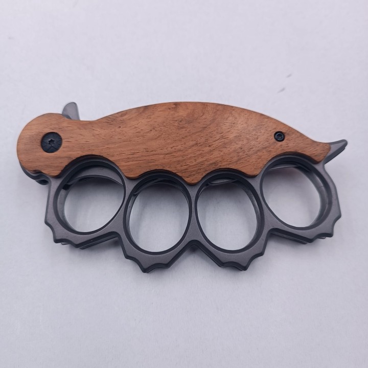 Cutit Pumnal cu Deschidere pe Buton, Prindere Curea, Lama Curbata, Maner Lemn, Otel, 21 cm