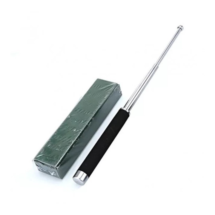 Baston telescopic din otel, argintiu, 64 cm, 3 sectiuni, husa, cutie, maner burete