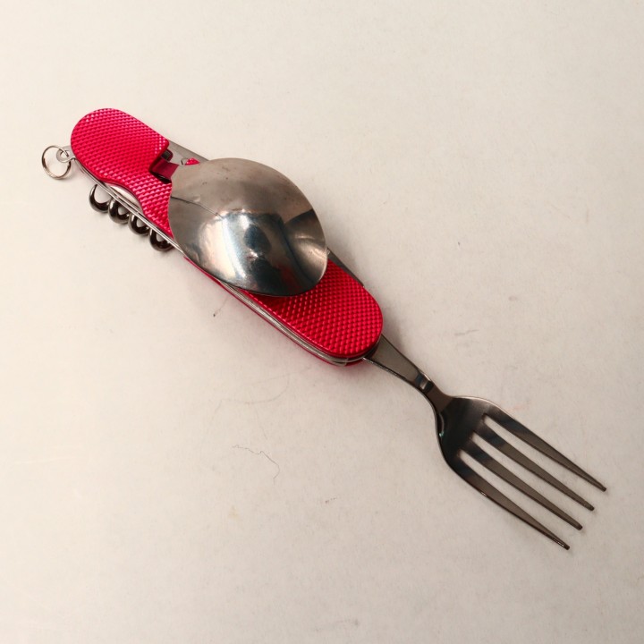 Cutit briceag detasabil, cu 6 functii lingura furculita, rosu, 25 cm