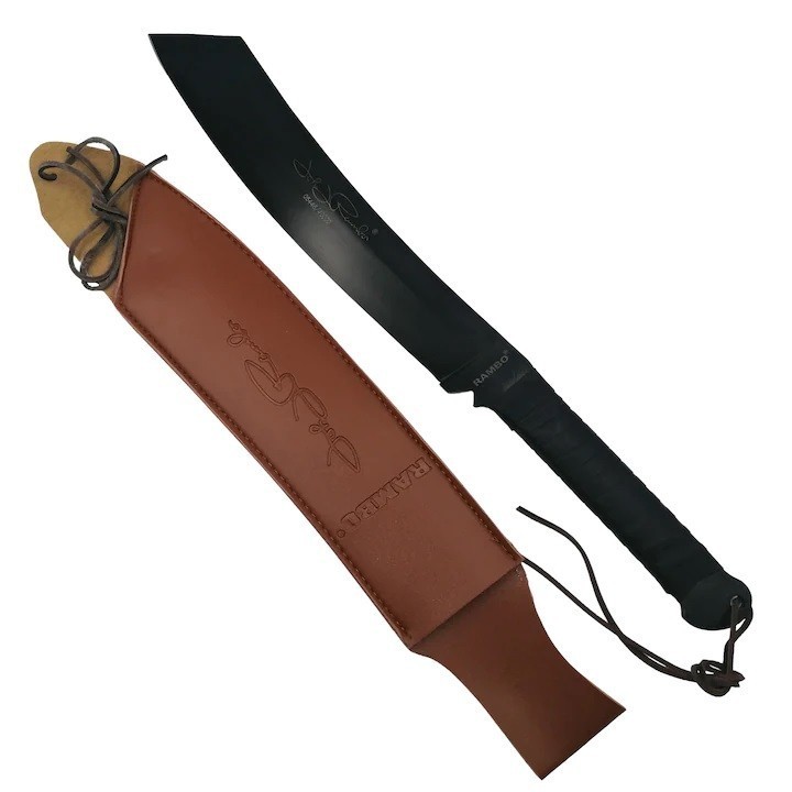Maceta Rambo V, Husa Piele, Maner Anti Alunecare, Otel, Lama Curbata, Agatatoare, 56 cm, Negru