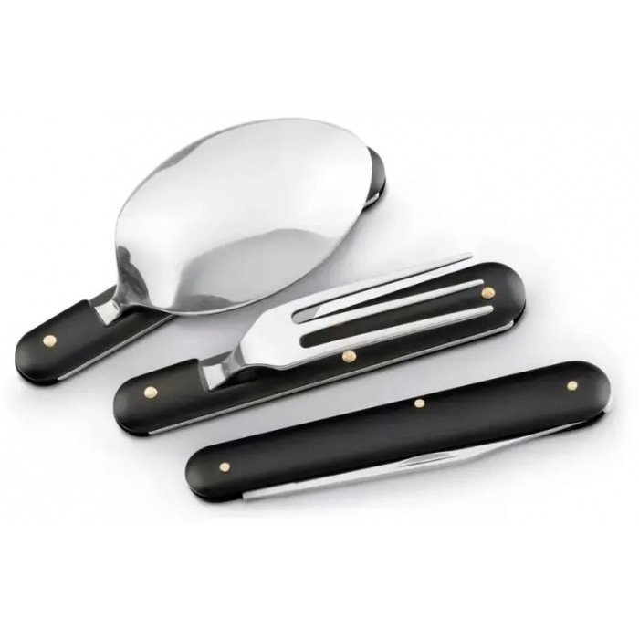 Set 3 tacamuri pliabile, lingura, furculita, cutit, otel inoxidabil, 17 cm, negru, husa