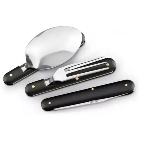 Set 3 tacamuri pliabile, lingura, furculita, cutit, otel inoxidabil, 17 cm, negru, husa