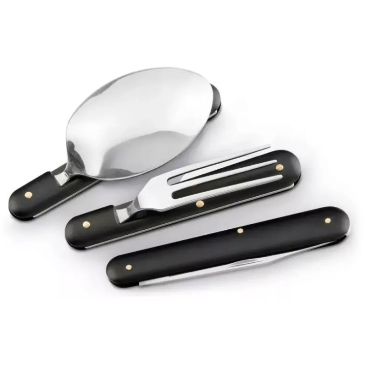 Set 3 tacamuri pliabile, lingura, furculita, cutit, otel inoxidabil, 17 cm, negru, husa
