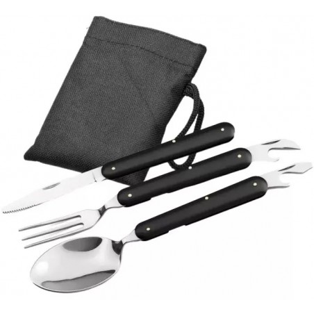Set 3 tacamuri pliabile, lingura, furculita, cutit, otel inoxidabil, 17 cm, negru, husa