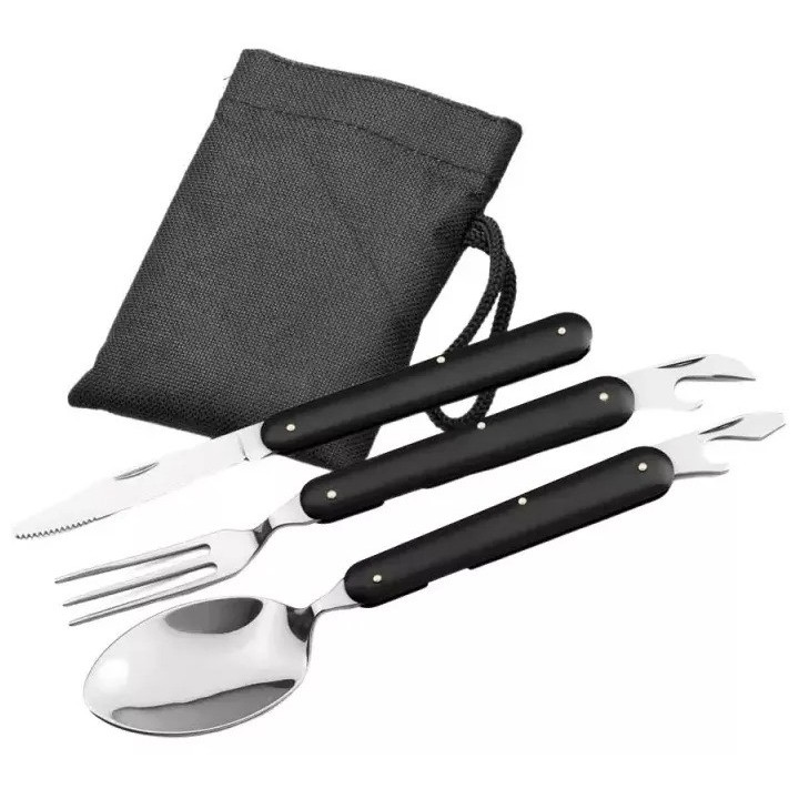 Set 3 tacamuri pliabile, lingura, furculita, cutit, otel inoxidabil, 17 cm, negru, husa