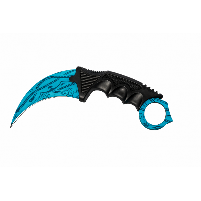Cutit Karambit Albastru Turcoaz, Lama Curbata cu Design Tribal, Maner Ergonomic cu Inel