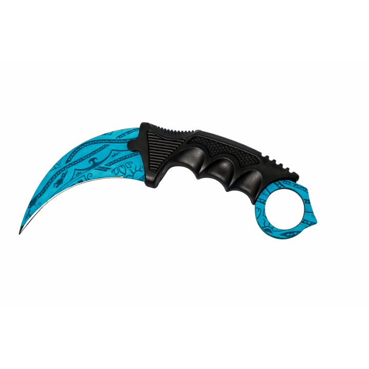 Cutit Karambit Albastru Turcoaz, Lama Curbata cu Design Tribal, Maner Ergonomic cu Inel