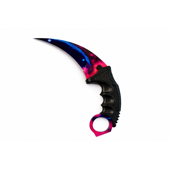 Cutit Karambit Galaxy Rosu Albastru cu Lama Curbata, Maner Ergonomic Antiderapant cu Inel pentru Dege