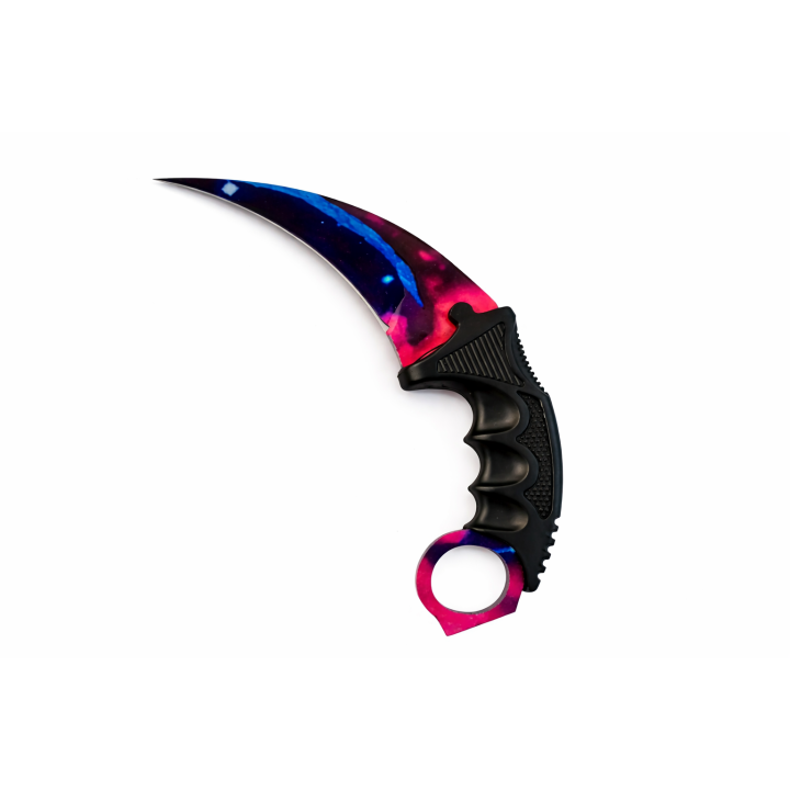 Cutit Karambit Galaxy Rosu Albastru cu Lama Curbata, Maner Ergonomic Antiderapant cu Inel pentru Dege