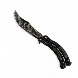 Cutit Sistem Fluture cu Design Craniu, Lama Decorativa Negru, Maner Metalic Negru, Ideal Colectie si Antrenament, 23 cm