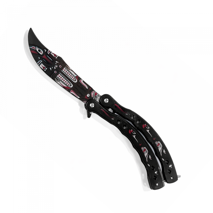 Cutit Sistem Fluture cu Design Tribal Masca, Lama Decorativa Negru, Maner Metalic Negru si Alb, 23 cm
