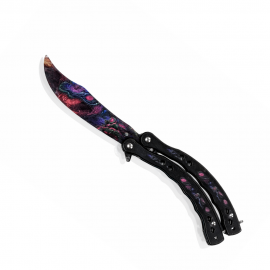 Cutit Sistem Fluture cu Design Galaxy Mov, Lama Decorativa Negru, Maner Metalic Galben, 23 cm