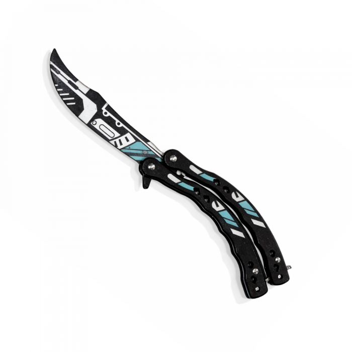 Cuțit Fluture de Antrenament, Lama Fara Tais, Metalic, Design Modern Alb-Albastru, Anti Alunecare, 23 cm