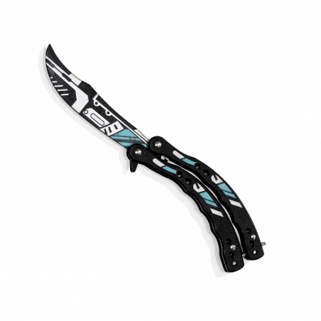 Cuțit Fluture de Antrenament, Lama Fara Tais, Metalic, Design Modern Alb-Albastru, Anti Alunecare, 23 cm