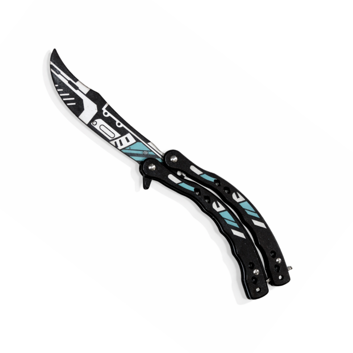 Cuțit Fluture de Antrenament, Lama Fara Tais, Metalic, Design Modern Alb-Albastru, Anti Alunecare, 23 cm
