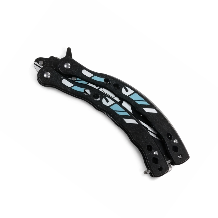 Cuțit Fluture de Antrenament, Lama Fara Tais, Metalic, Design Modern Alb-Albastru, Anti Alunecare, 23 cm