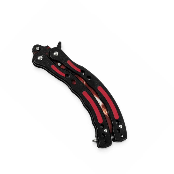 Cutit Fluture de Antrenament, Lama Fara Tais, Model Flame de Dragon Rosu-Negru, Metalic, Anti-Alunecare, 23 cm