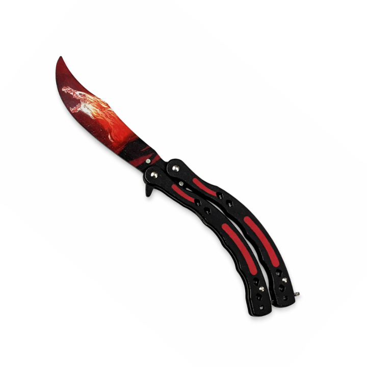 Cutit Fluture de Antrenament, Lama Fara Tais, Model Flame de Dragon Rosu-Negru, Metalic, Anti-Alunecare, 23 cm