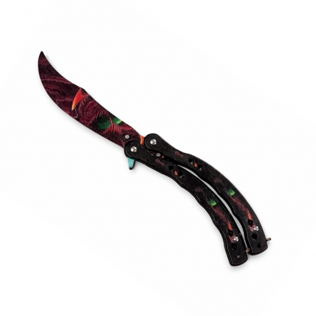 Cutit Fluture de Antrenament, Lama Fara Tais, Model Galaxy Rosu, Metalic, Anti-Alunecare, 23 cm