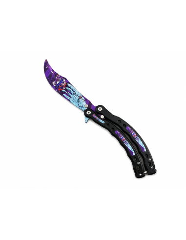 Cutit Fluture de Antrenament, Lama Fara Tais, Model Galaxy Purple, Metalic, Trickuri, 23 cm