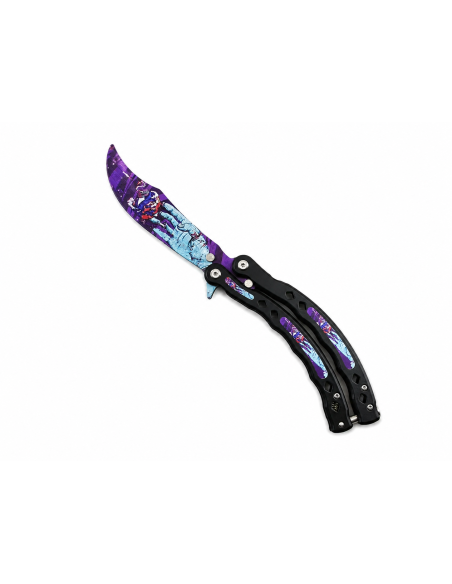 Cutit Fluture de Antrenament, Lama Fara Tais, Model Galaxy Purple, Metalic, Trickuri, 23 cm