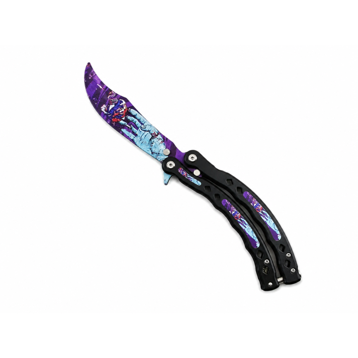 Cutit Fluture de Antrenament, Lama Fara Tais, Model Galaxy Purple, Metalic, Trickuri, 23 cm
