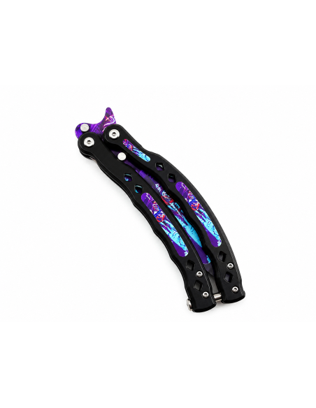 Cutit Fluture de Antrenament, Lama Fara Tais, Model Galaxy Purple, Metalic, Trickuri, 23 cm