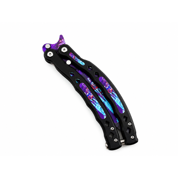 Cutit Fluture de Antrenament, Lama Fara Tais, Model Galaxy Purple, Metalic, Trickuri, 23 cm