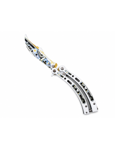 Cutit Fluture de Antrenament, Lama Fara Tais, Model Alb cu Design Futurist, Metalic, Trickuri, 23 cm