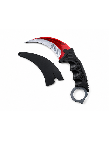 Cutit Karambit Rosu Galaxy cu Teaca, Lama Curbata din Otel cu Tais, pentru Colectie si Decor