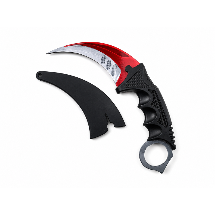Cutit Karambit Rosu Galaxy cu Teaca, Lama Curbata din Otel cu Tais, pentru Colectie si Decor
