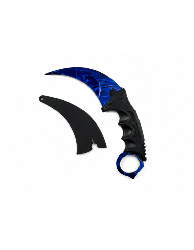 Cutit Karambit Albastru Galaxy cu Teaca, Lama Curbata cu Tais, Design Cosmic