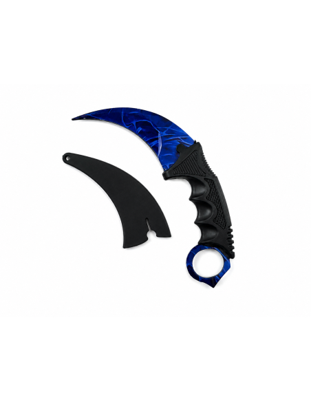 Cutit Karambit Albastru Galaxy cu Teaca, Lama Curbata cu Tais, Design Cosmic