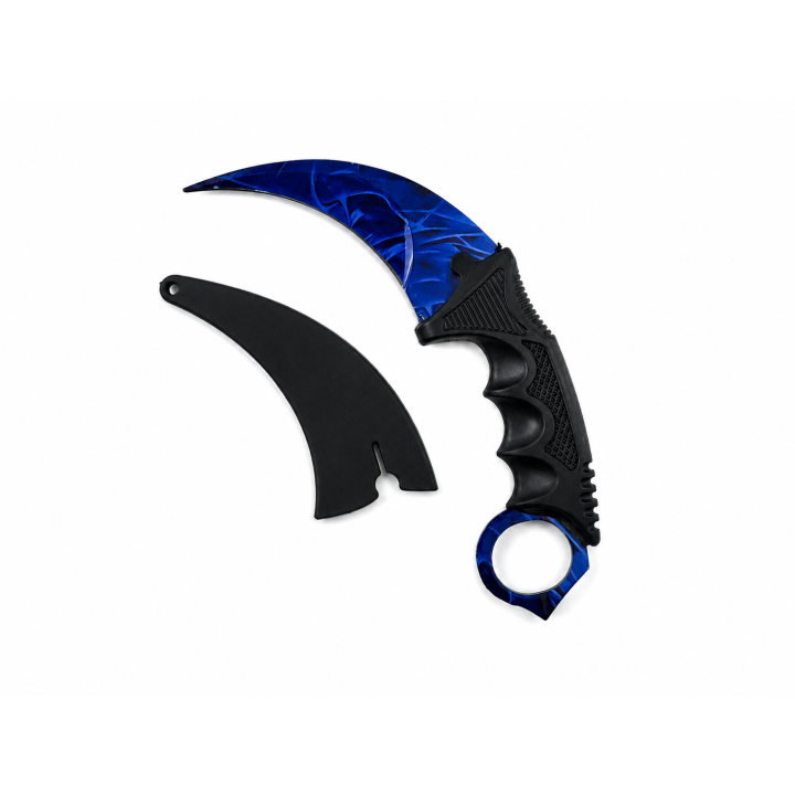 Cutit Karambit Albastru Galaxy cu Teaca, Lama Curbata cu Tais, Design Cosmic