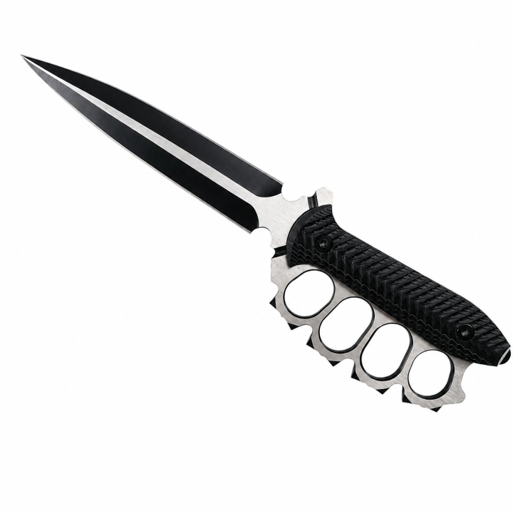 Cuțit 35 cm cu Mâner Tip Box, Lamă Neagră cu Două Tăișuri, Mâner Texturat și Husă Inclusă, Negru/Argintiu